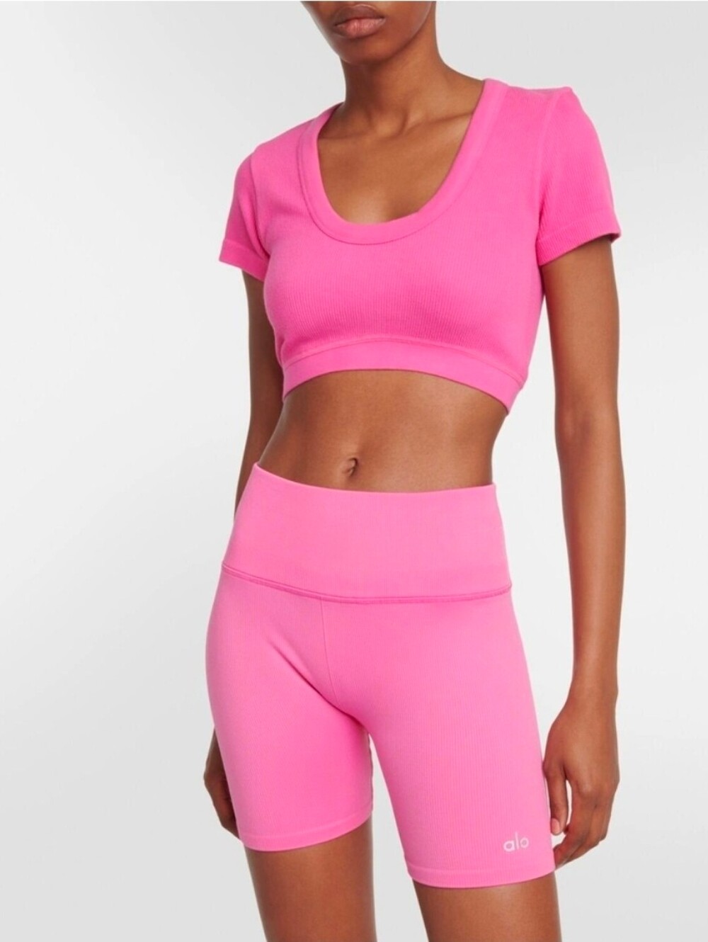 Alo Yoga Favorite High Waist Biker Shorts XS Pink Ribbed Seamless Athleisure - Picture 2 of 10